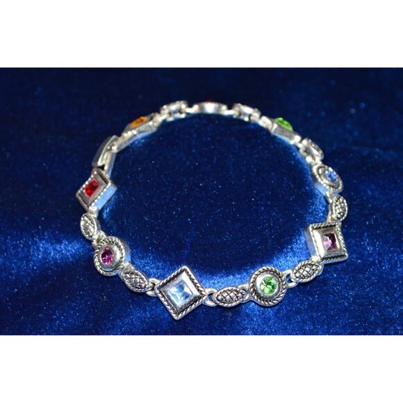 Premier Designs Silver Tone Links Bracelet Multicolored Gemstone Stone Art Deco - Picture 3 of 11